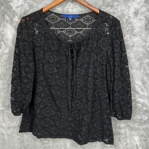 Apt 9 Womens XL Black Floral Lace Tie Neck 3/4 Sleeve Top Night Out Romantic
